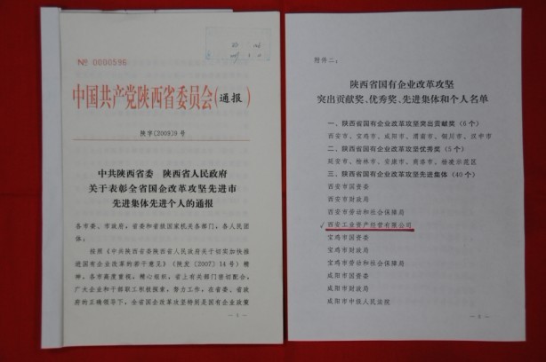 2009年2月，被陕西省委、省敌灾授予陕西省国有企业鼎新攻坚先进集体